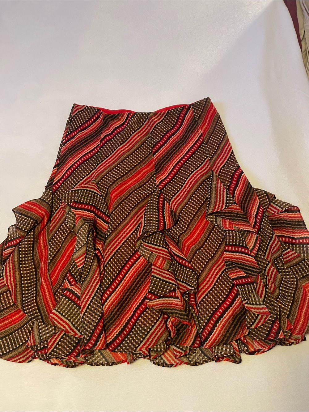 Ralph Lauren Red and Brown Striped Ruffle Skater Skirt